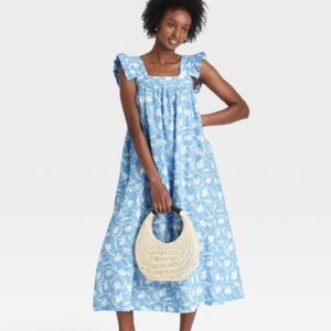 A New Day Blue & White Floral Linen Blend Paper Sack Maxi Dress w/ ruffles; L